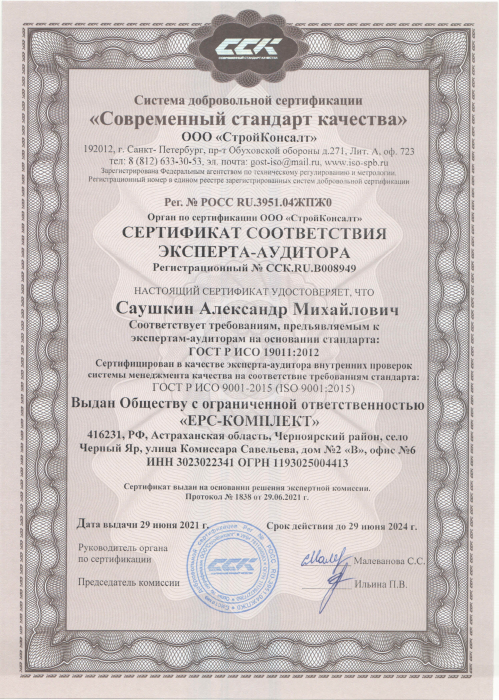 Certificate of compliance of expert-auditor Saushkin A.M.