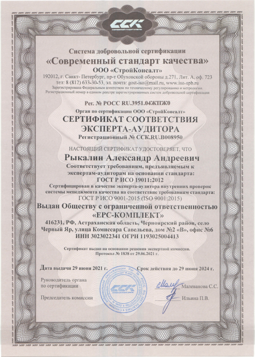 Certificate of compliance of expert-auditor Rykalin A.A.